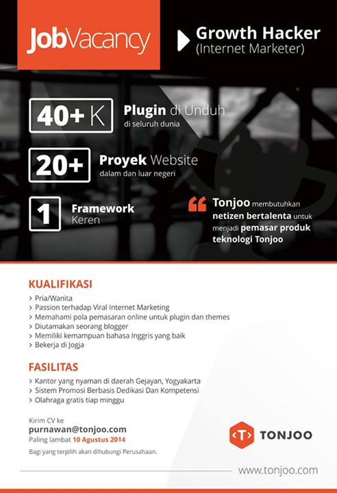 Lowongan GROWTH HACKER (Internet Marketer) Tonjoo.COM July 2014