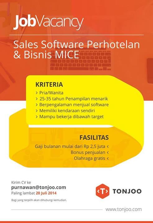 Lowongan Sales Software Perhotelan dan Bisnis Mice Tonjoo.COM July 2014