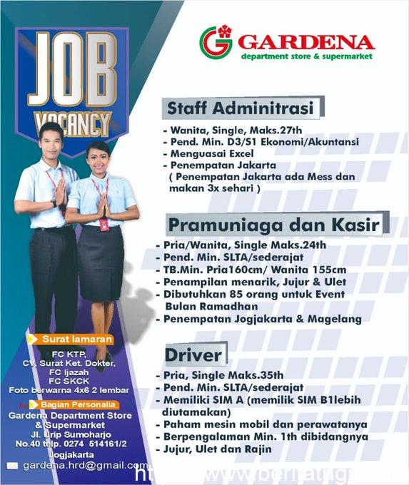 Lowongan Kerja Staff Administrasi, Pramuniaga, Kasir, Driver Gardena Departement Store & Supermarket