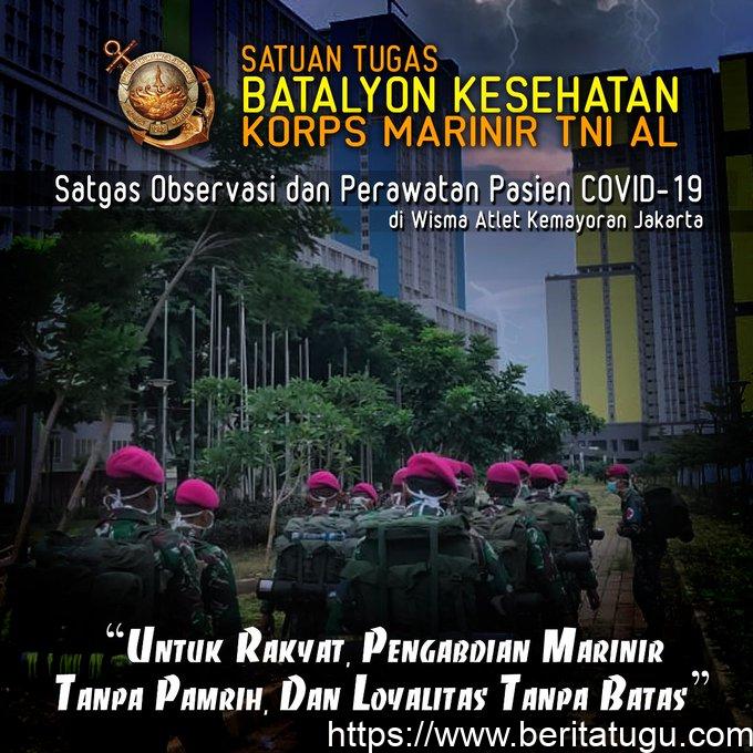 20 Prajurit Yonkes 2 Marinir Resimen Bantuan Tempur 2 Marinir Pasmar 2 Surabaya , Ditugaskan Mendukung kegiatan Observasi & Perawatan Pasien Covid-19
