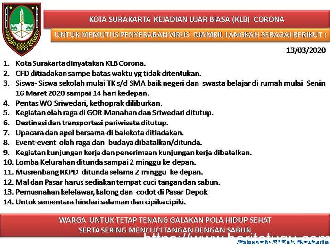 Info Resmi ! “Kota Solo Lock Down” Kebijakan Pemerintah Kota Surakarta Terkait Kejadian Luar Biasa (KLB) Virus Corona Covid-19