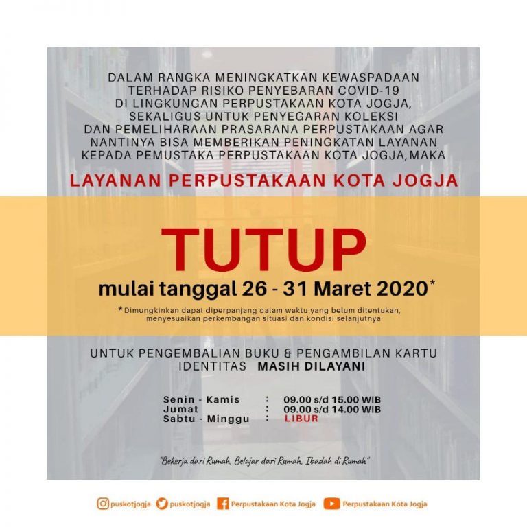 Perpustakaan Kota Yogyakarta Tutup mulai tanggal 26-31 Maret 2020