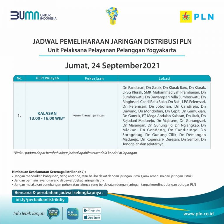 PLN Yogyakarta Lakukan Pemeliharaan Jaringan Distribusi di Wilayah Kalasan Mulai Jumat, 24 September 2021