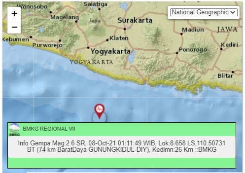 Info Gempa Terjadi di Sebalah Barat Daya Gunung Kidul Pada Jumat, 8 Oktober 2021